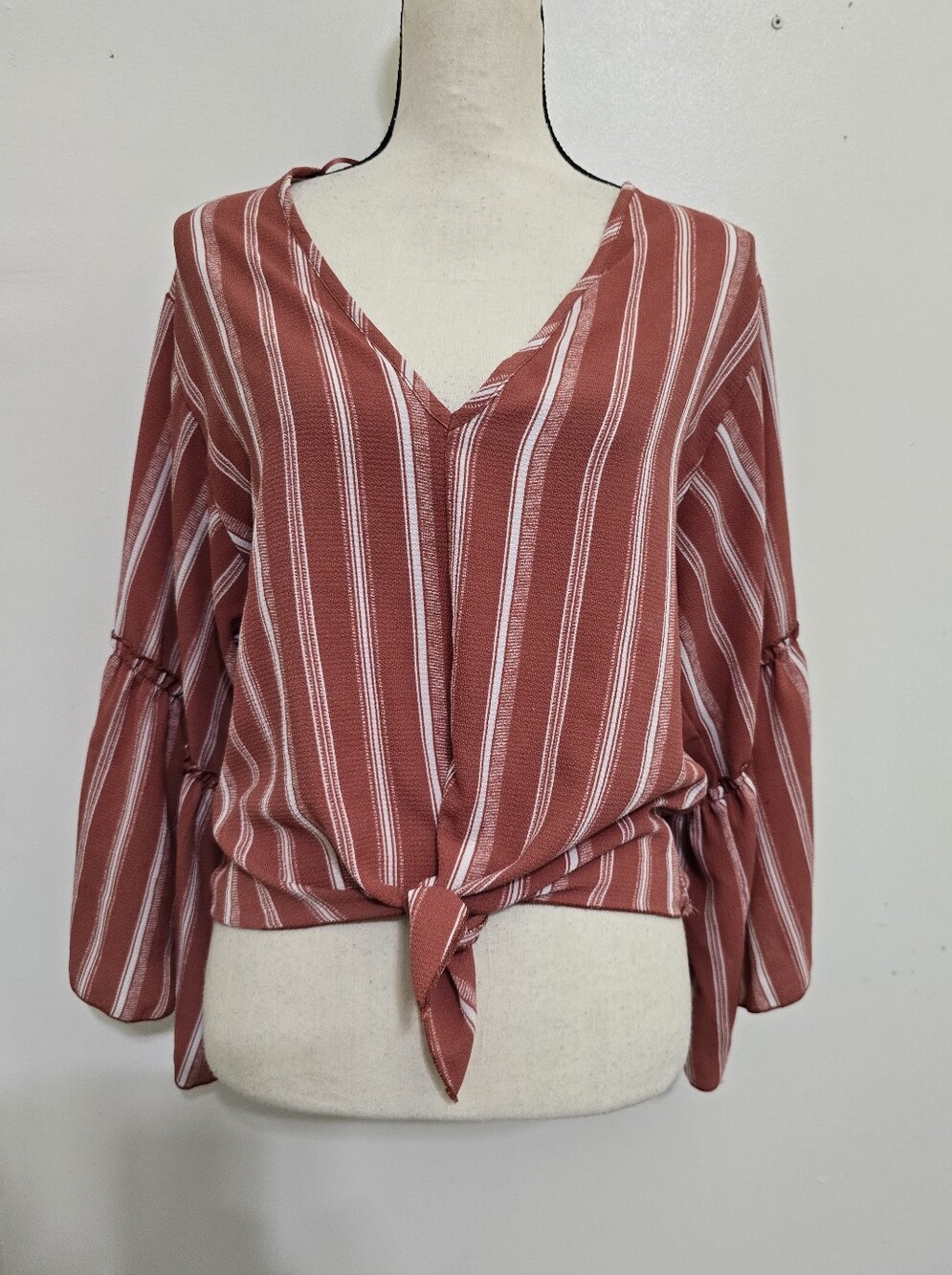 LAVENDER FIELD size Large V Neck Tie Front Bell Sleeve Striped Blouse Brick Red